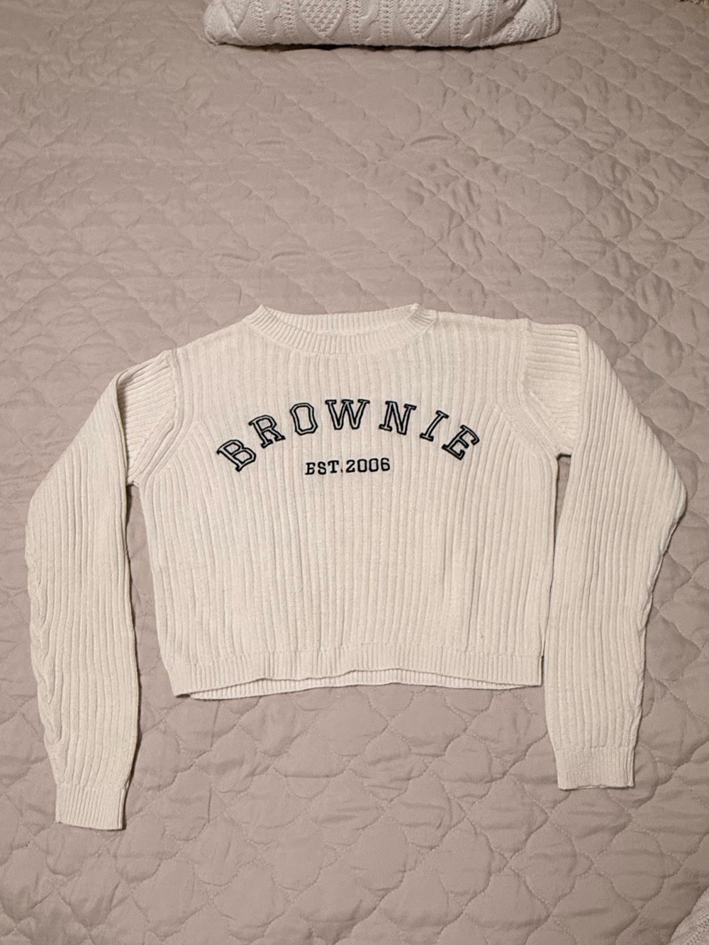Cream Ribbed Knit Sweater - Cropped Crewneck